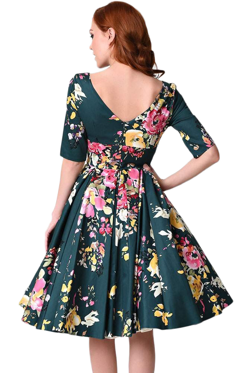 BY61702-9 Jasper Vintage Style Floral Half Sleeve Swing Dress